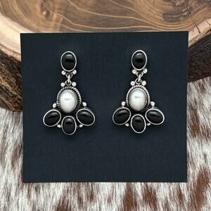 FEDERICO JIMENEZ Sterling Silver Onyx & Grey Pearl Cluster Dangle Post Earrings